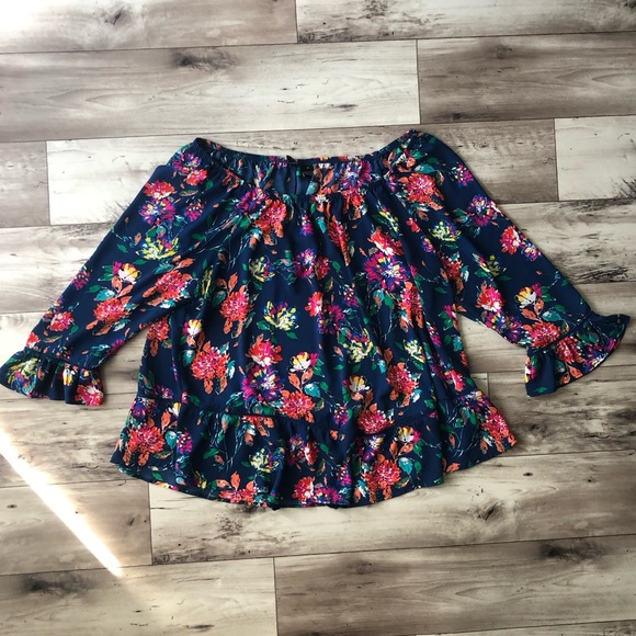 New Directions Curvy 3X Blue Off the Shoulder Floral Blouse - Picture 1 of 8